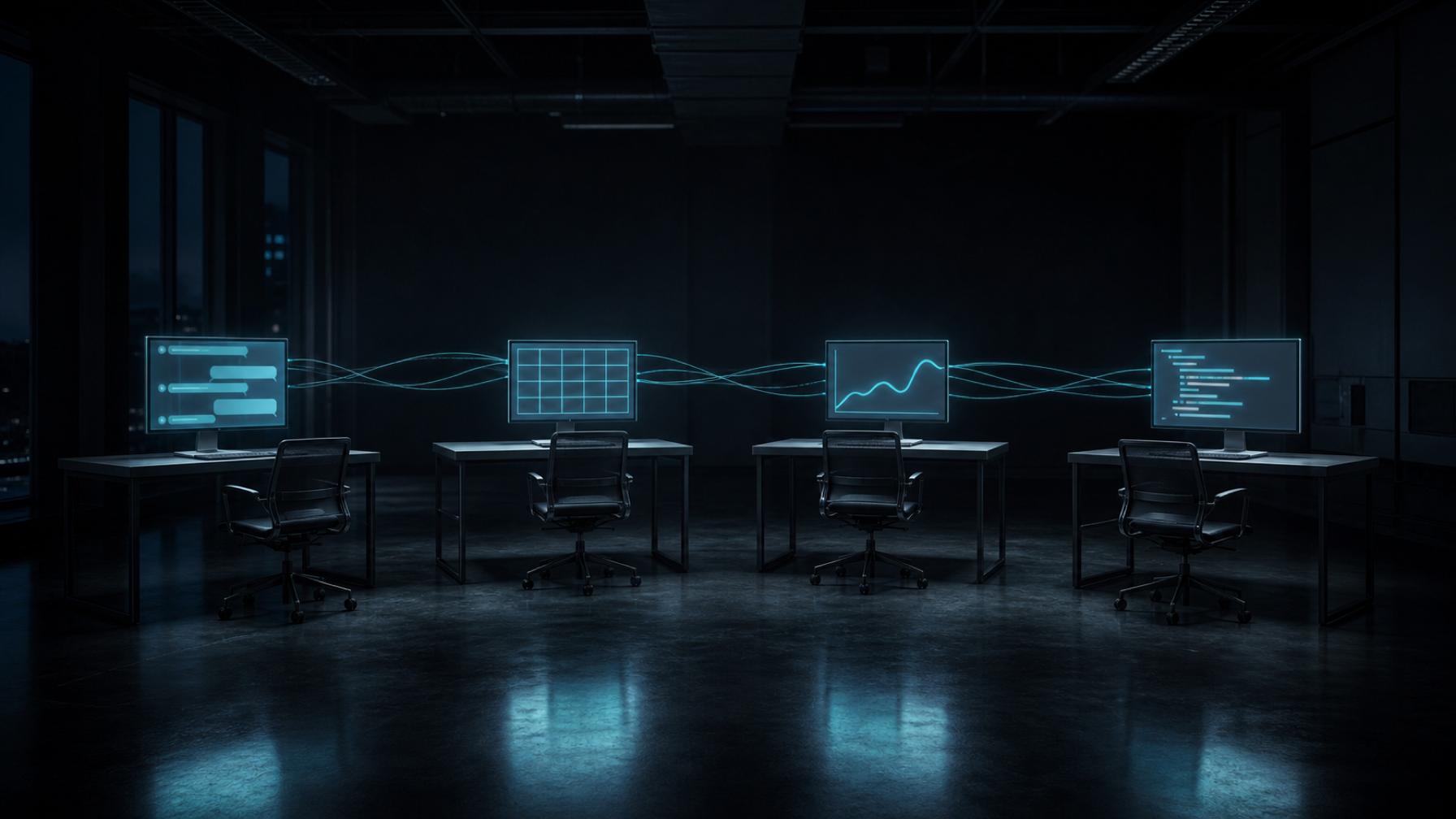 Four desks, four screens, nobody sitting at them.