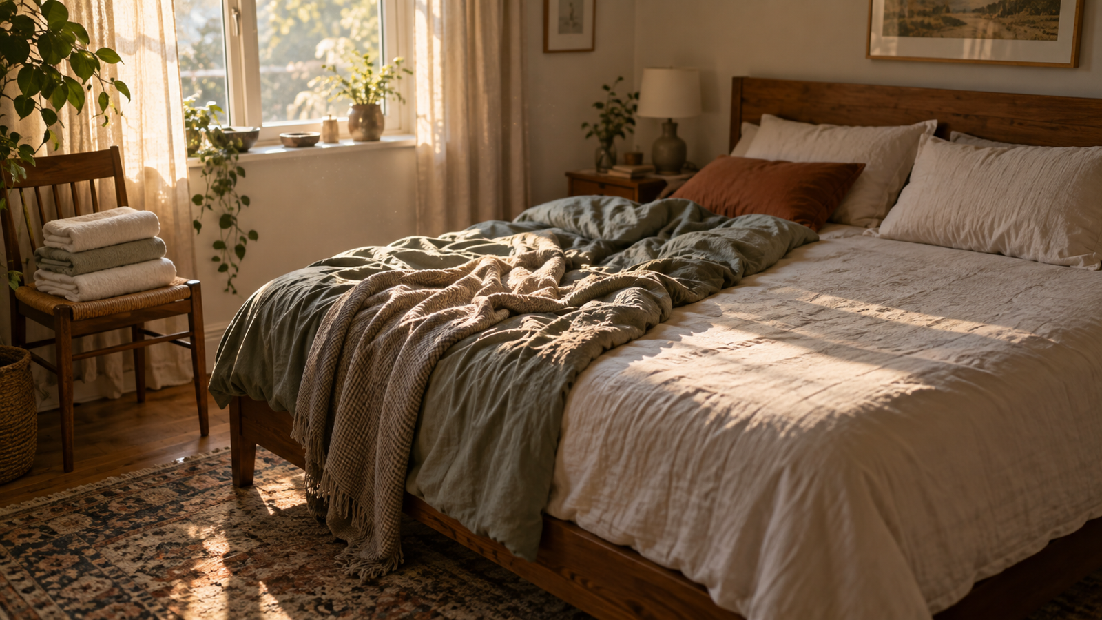 A half-made bed in morning light, with an unnaturally precise stack of folded towels on the chair beside it.